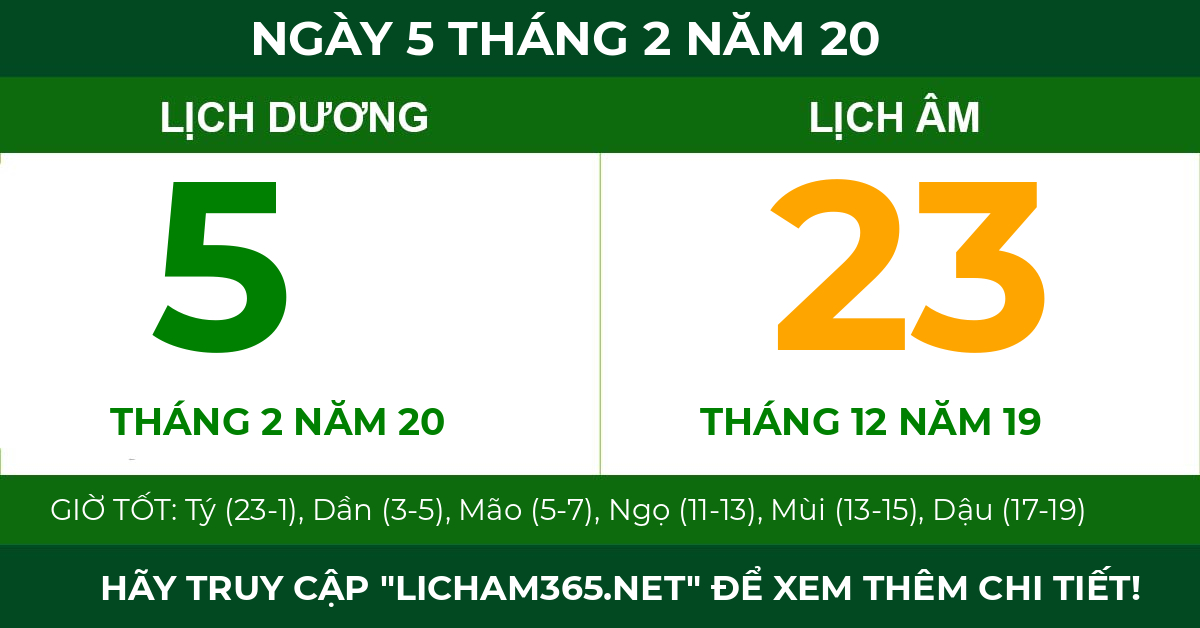lịch âm ngày 5 tháng 2 năm 20