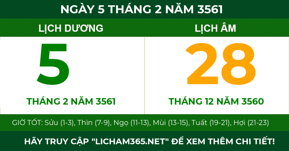 lịch âm ngày 5 tháng 2 năm 3561
