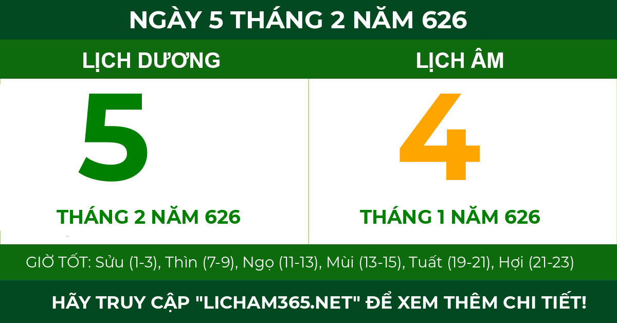 lịch âm ngày 5 tháng 2 năm 626