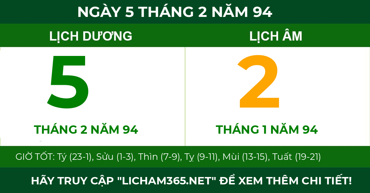 lịch âm ngày 5 tháng 2 năm 94