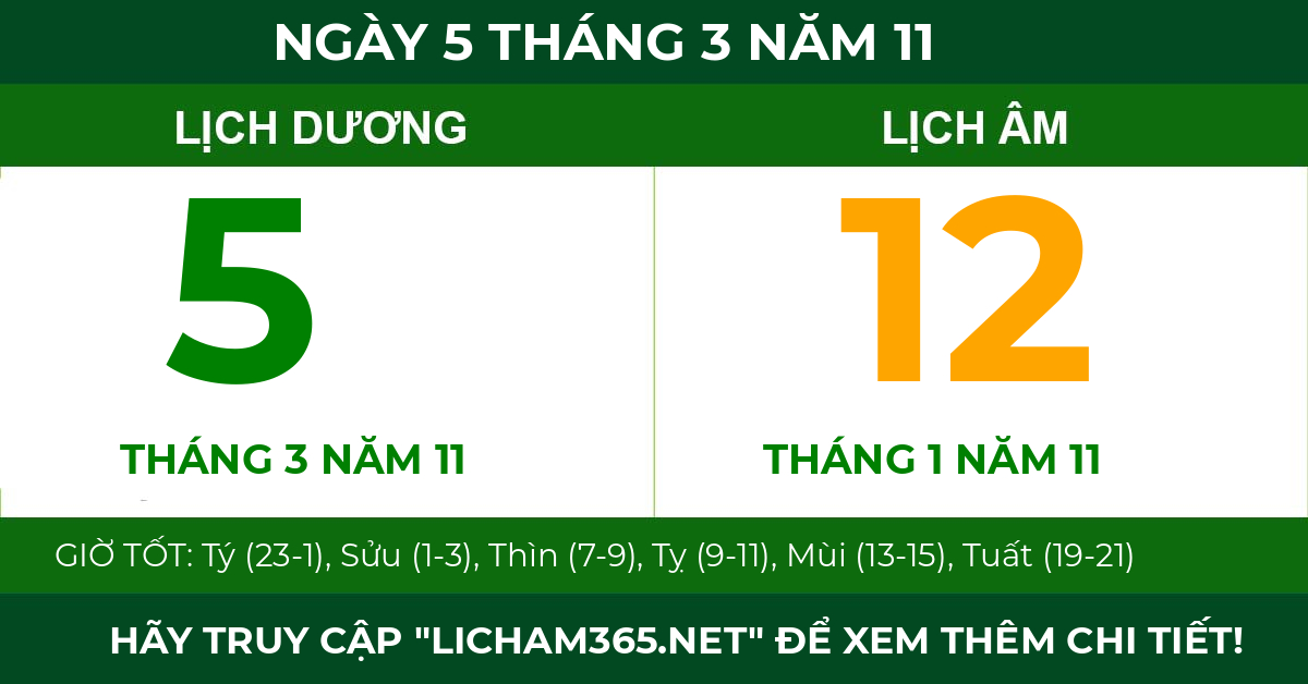 lịch âm ngày 5 tháng 3 năm 11