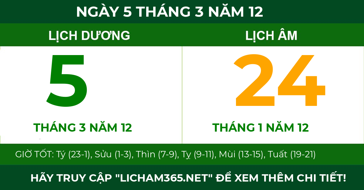 lịch âm ngày 5 tháng 3 năm 12