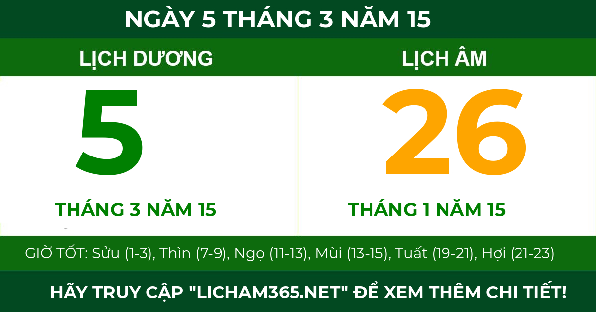 lịch âm ngày 5 tháng 3 năm 15