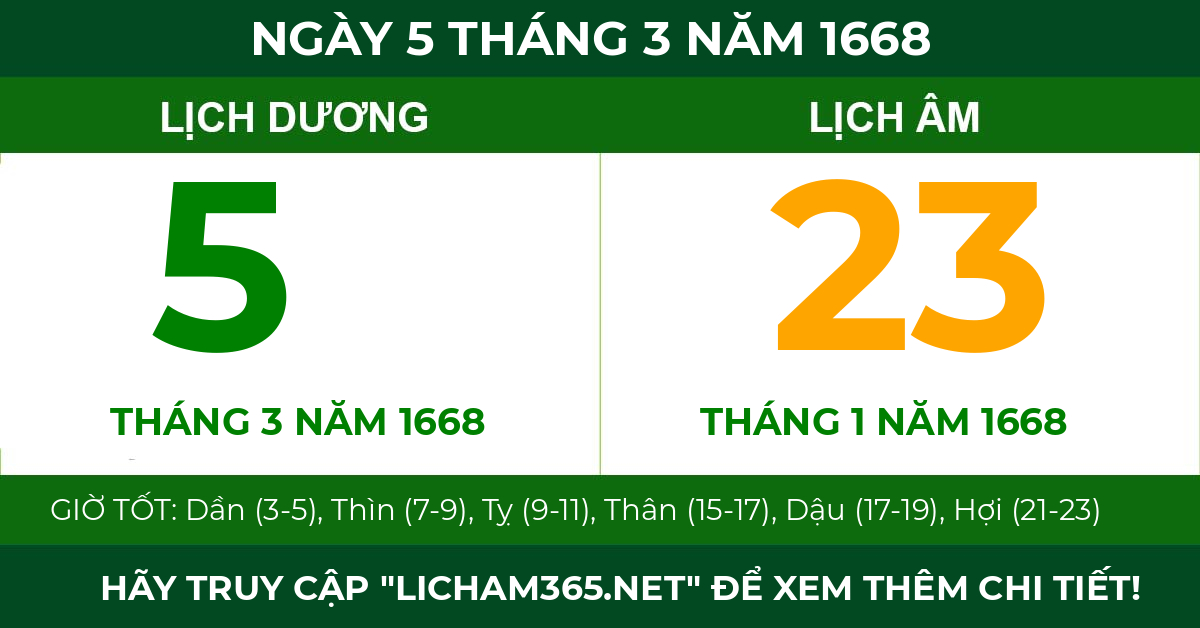 lịch âm ngày 5 tháng 3 năm 1668