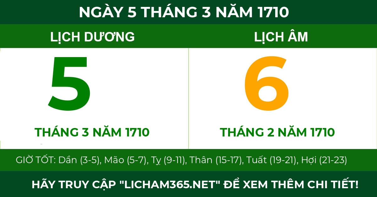 lịch âm ngày 5 tháng 3 năm 1710