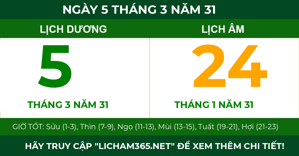 lịch âm ngày 5 tháng 3 năm 31