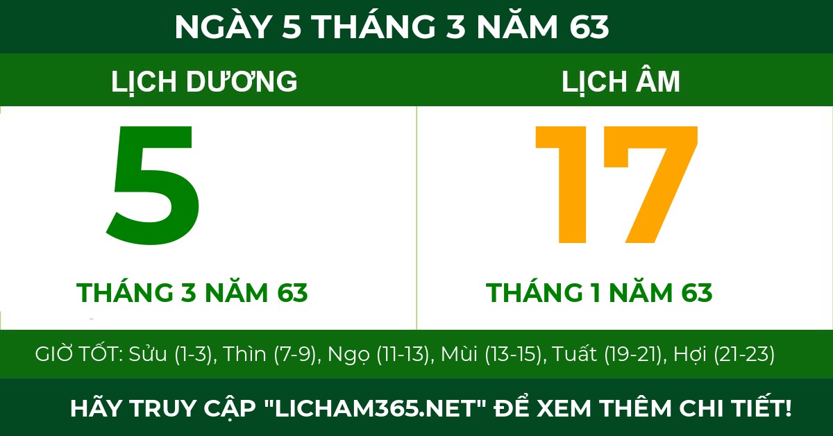 lịch âm ngày 5 tháng 3 năm 63