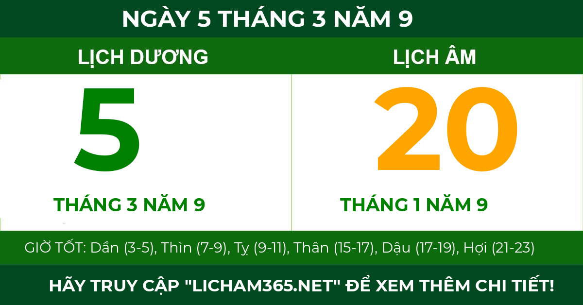 lịch âm ngày 5 tháng 3 năm 9