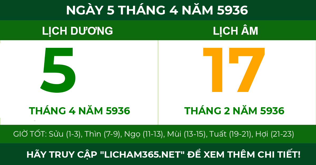 lịch âm ngày 5 tháng 4 năm 5936