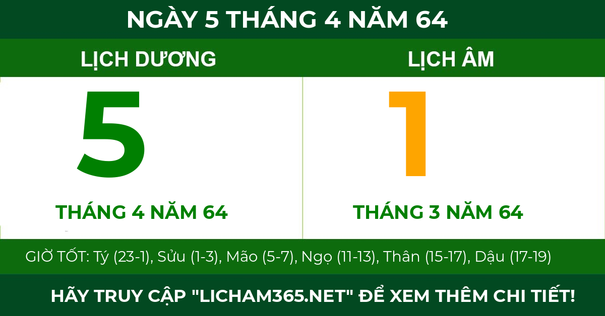 lịch âm ngày 5 tháng 4 năm 64