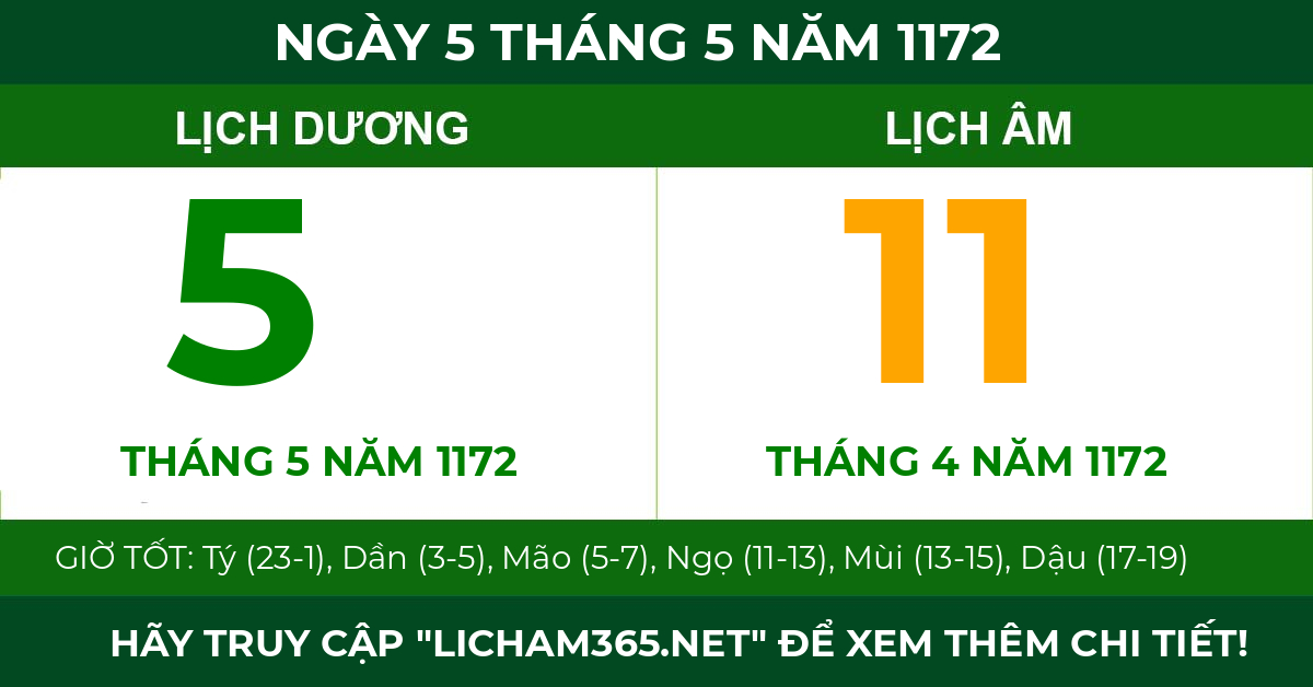 lịch âm ngày 5 tháng 5 năm 1172