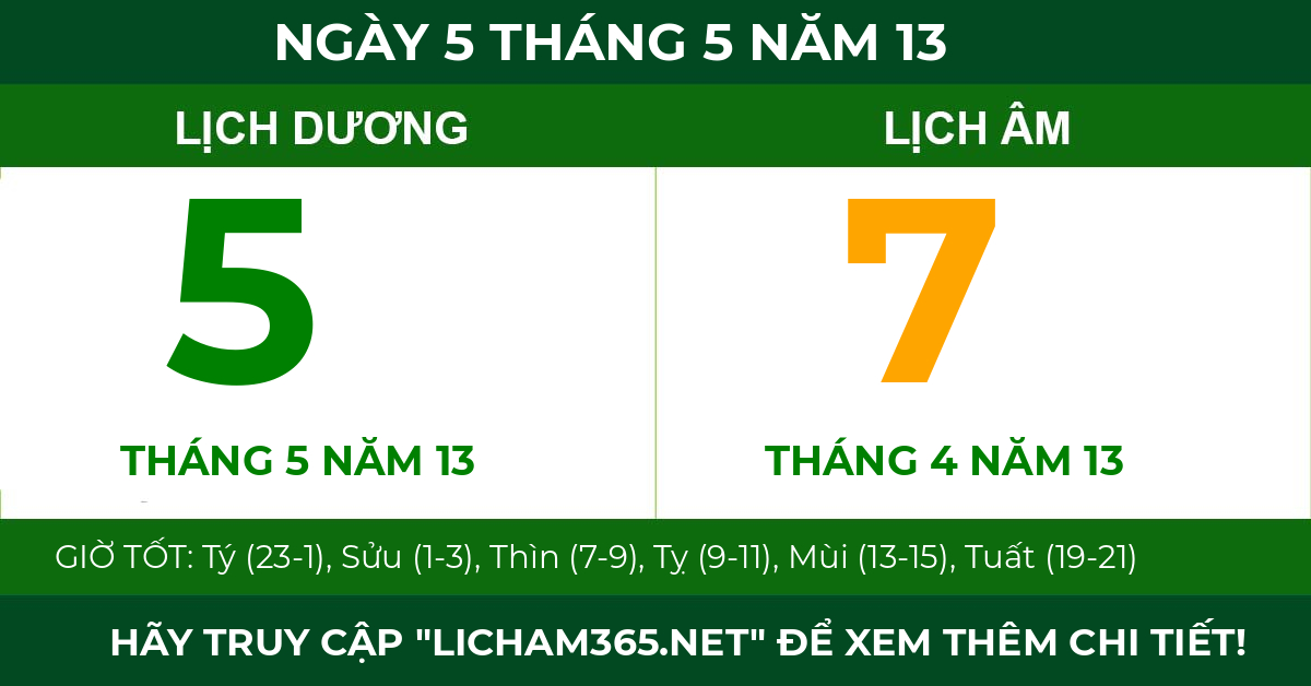 lịch âm ngày 5 tháng 5 năm 13