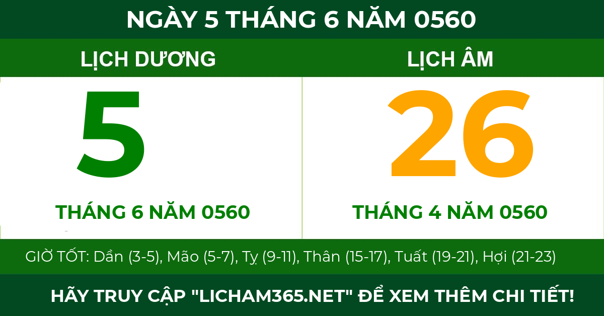 lịch âm ngày 5 tháng 6 năm 0560