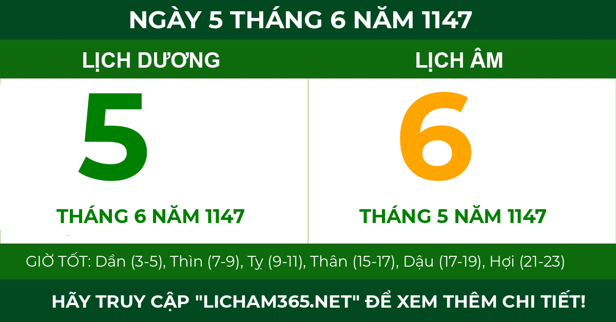 lịch âm ngày 5 tháng 6 năm 1147