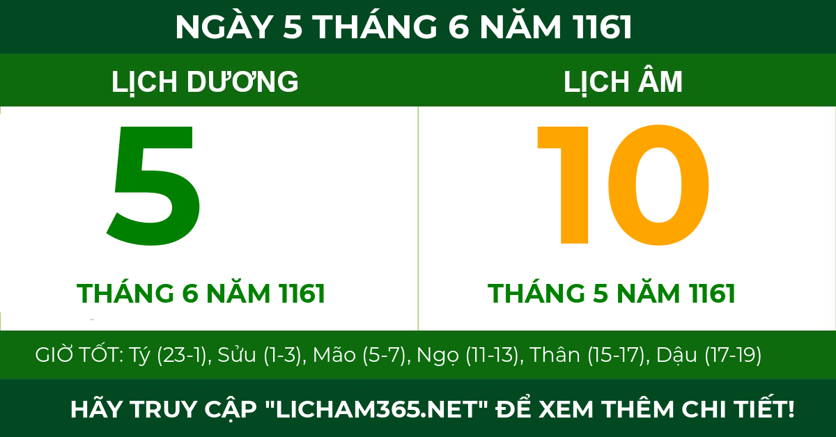 lịch âm ngày 5 tháng 6 năm 1161