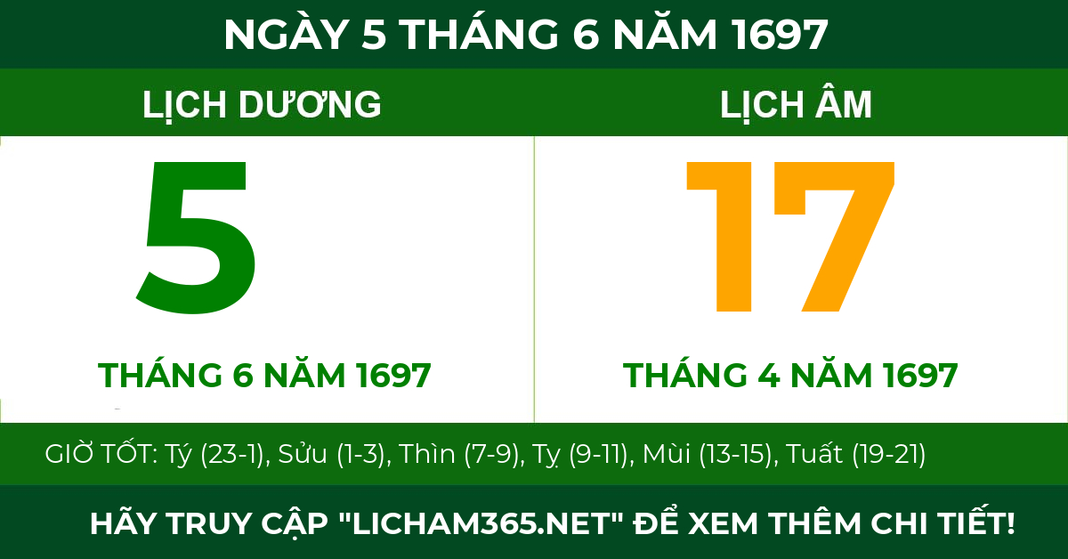 lịch âm ngày 5 tháng 6 năm 1697