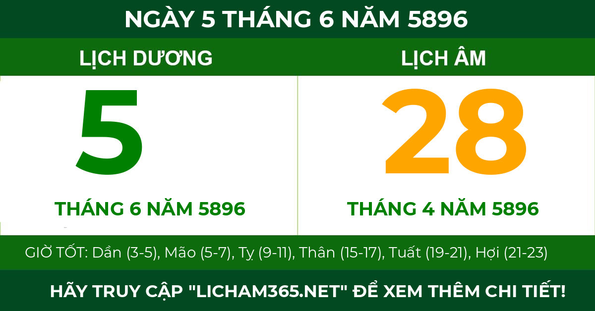 lịch âm ngày 5 tháng 6 năm 5896