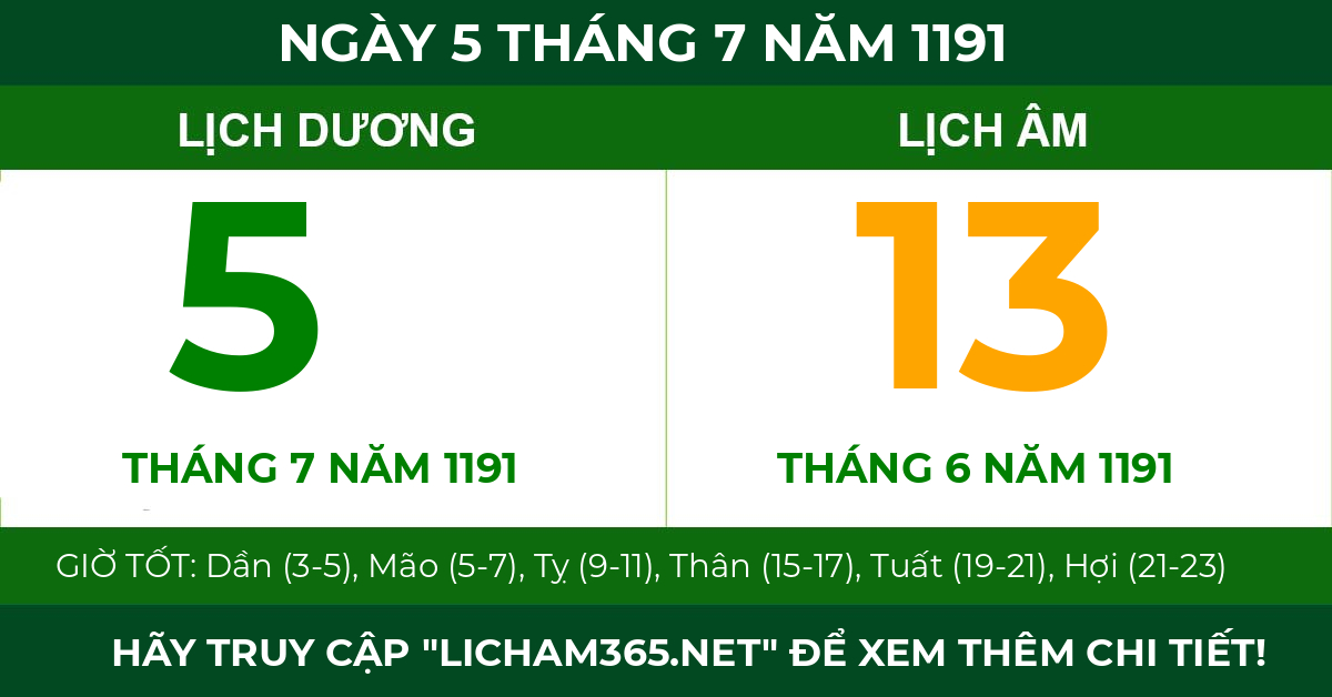 lịch âm ngày 5 tháng 7 năm 1191