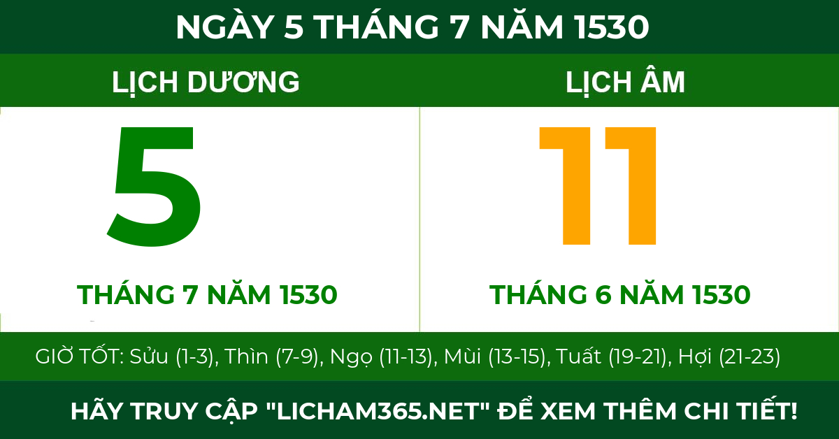 lịch âm ngày 5 tháng 7 năm 1530