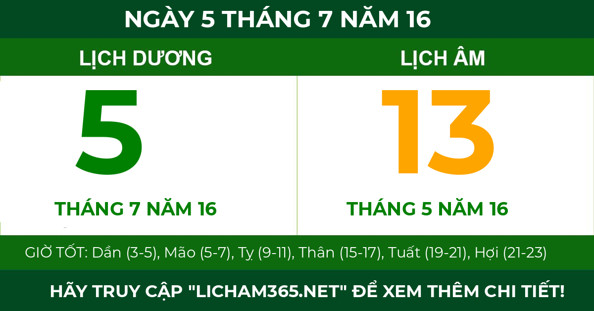 lịch âm ngày 5 tháng 7 năm 16