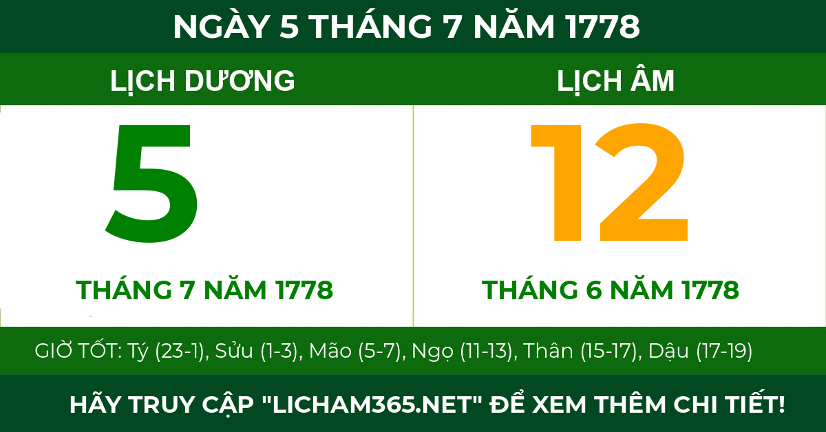 lịch âm ngày 5 tháng 7 năm 1778