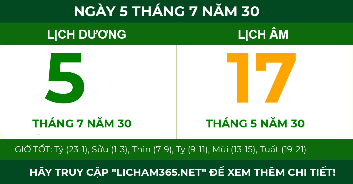 lịch âm ngày 5 tháng 7 năm 30