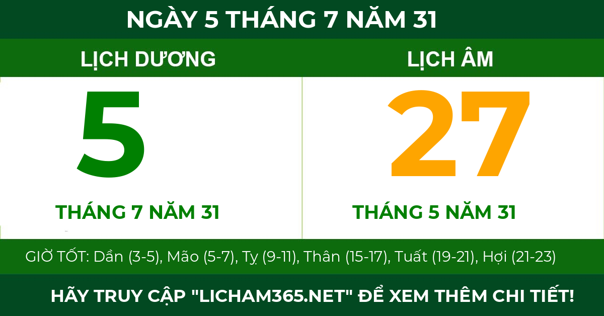 lịch âm ngày 5 tháng 7 năm 31