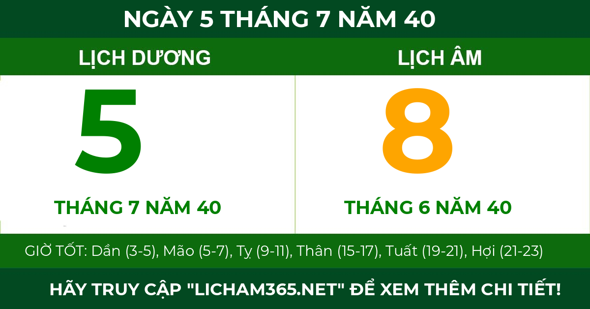 lịch âm ngày 5 tháng 7 năm 40
