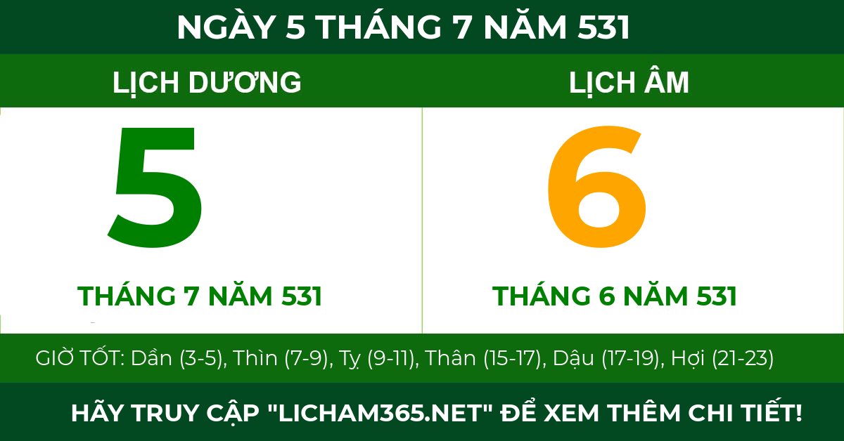 lịch âm ngày 5 tháng 7 năm 531