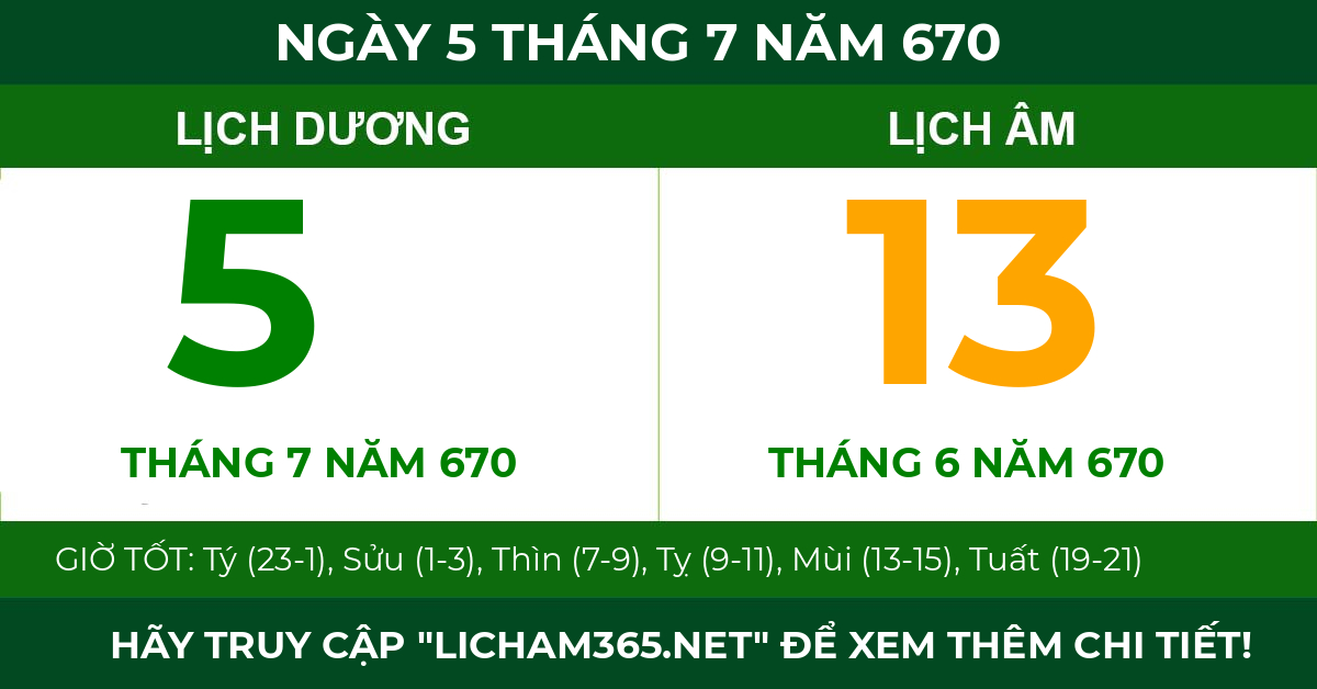 lịch âm ngày 5 tháng 7 năm 670
