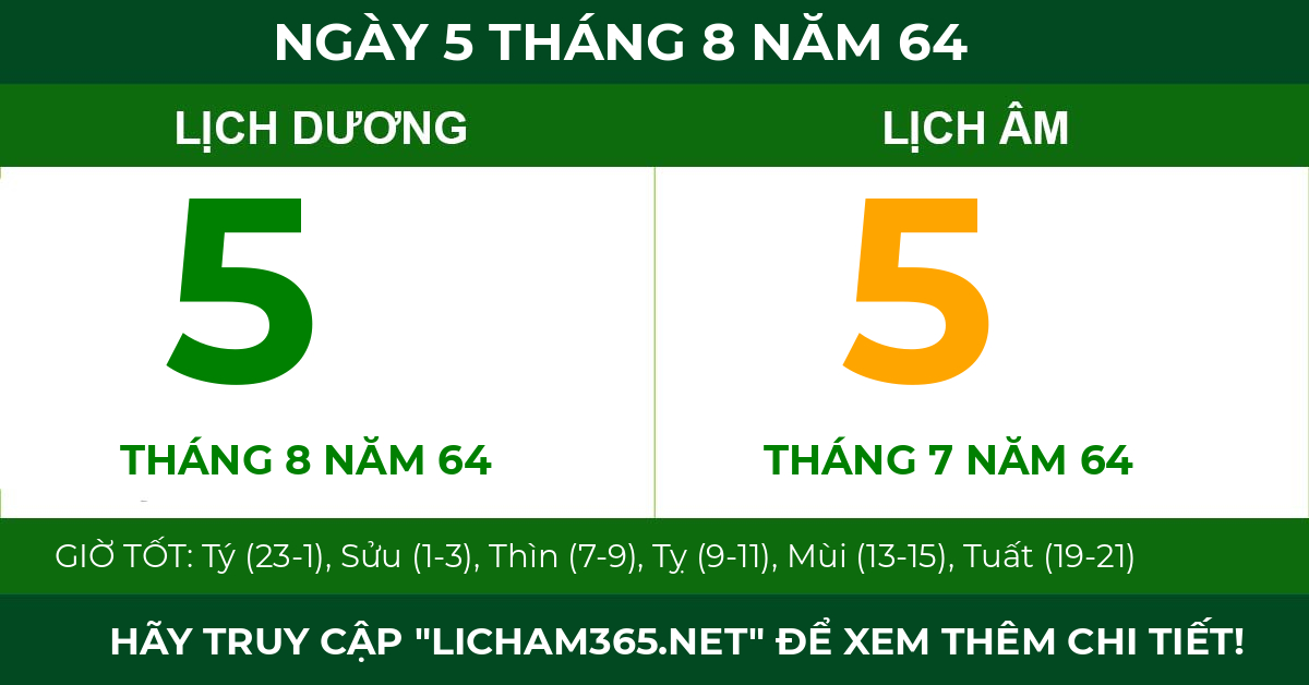 lịch âm ngày 5 tháng 8 năm 64