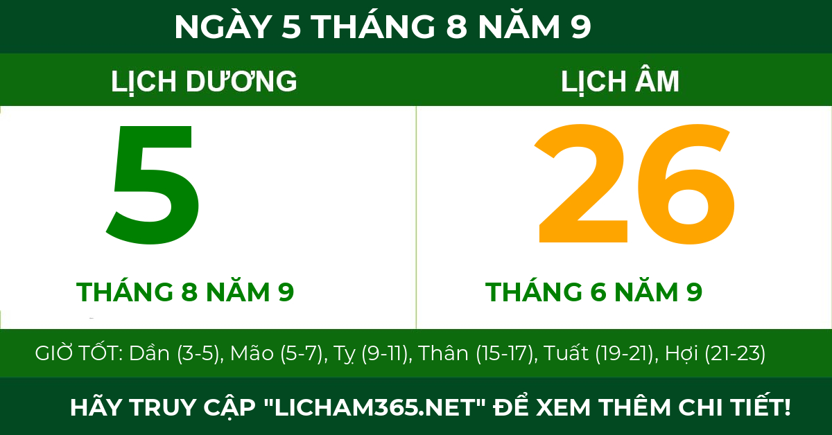 lịch âm ngày 5 tháng 8 năm 9