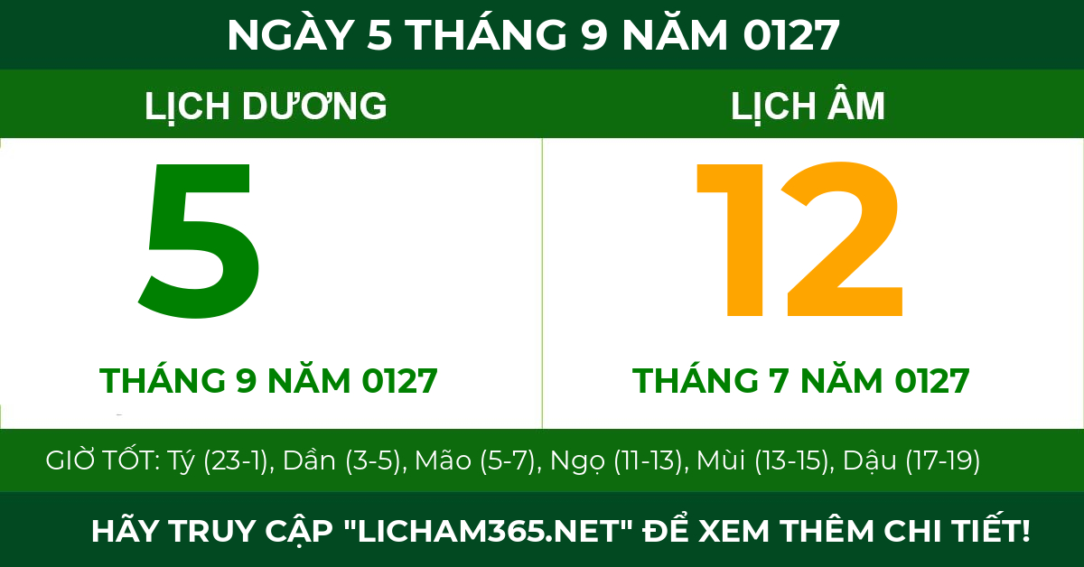 lịch âm ngày 5 tháng 9 năm 0127