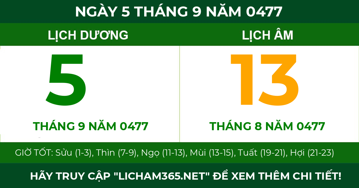 lịch âm ngày 5 tháng 9 năm 0477