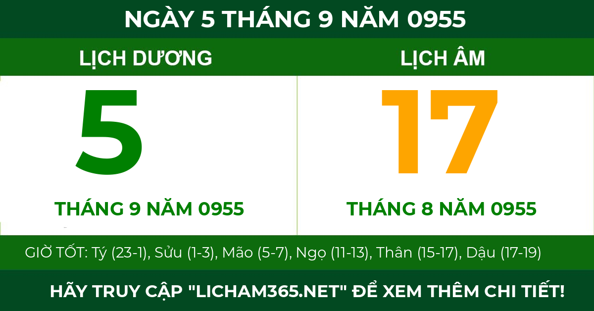 lịch âm ngày 5 tháng 9 năm 0955