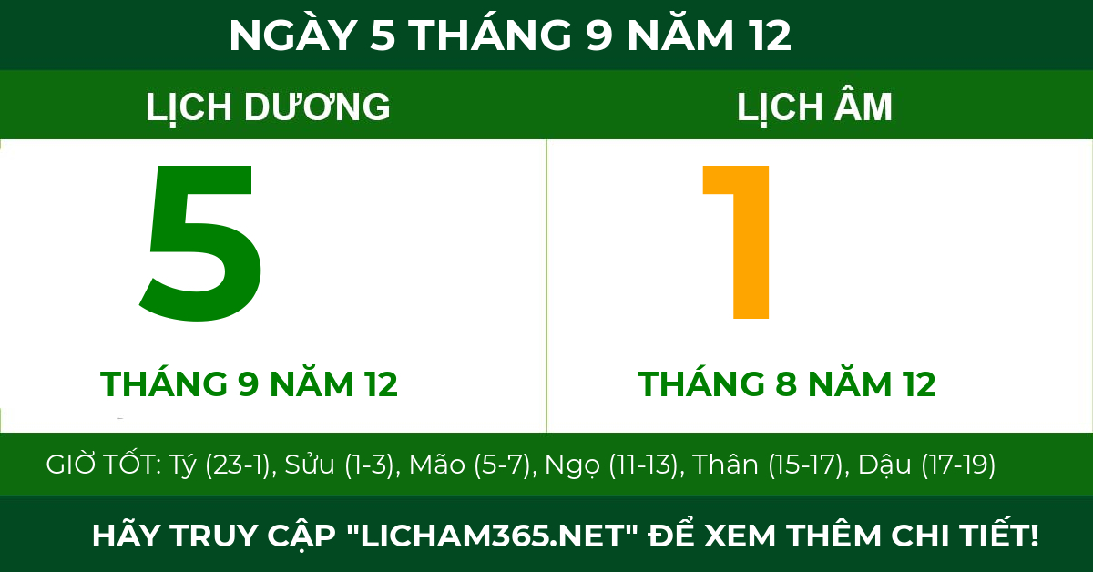 lịch âm ngày 5 tháng 9 năm 12