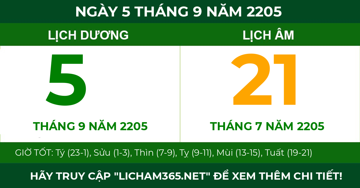 lịch âm ngày 5 tháng 9 năm 2205