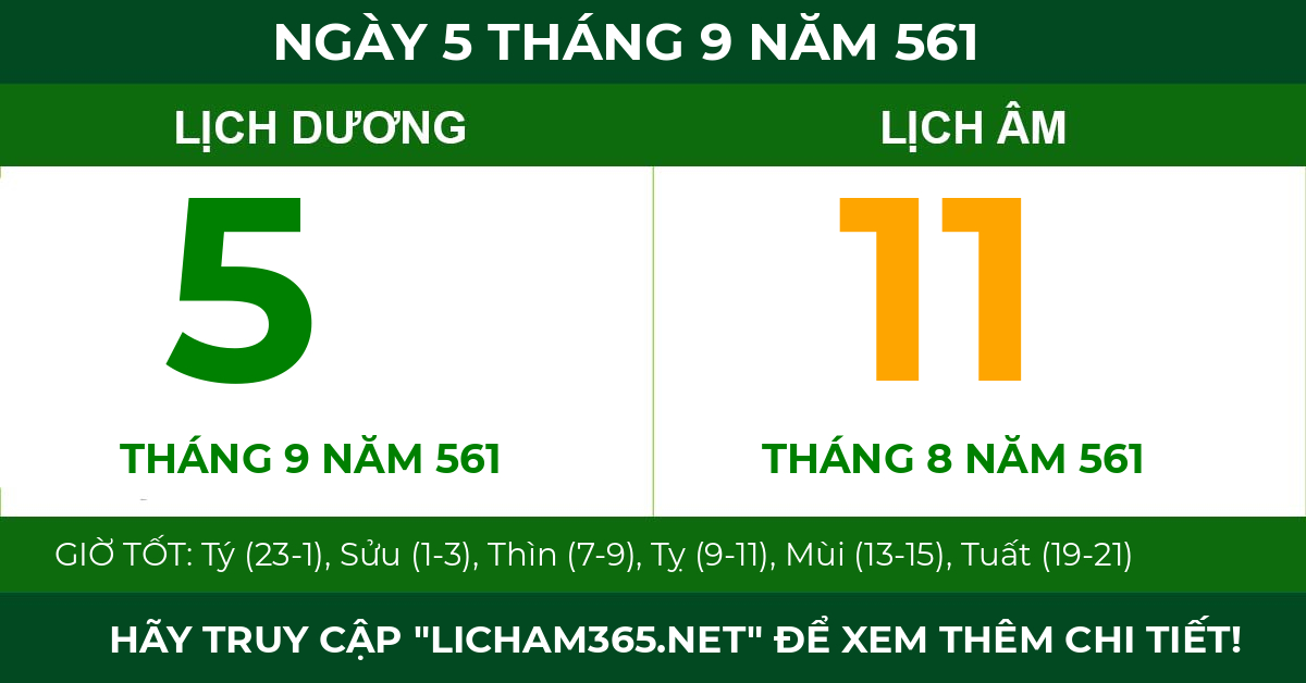 lịch âm ngày 5 tháng 9 năm 561