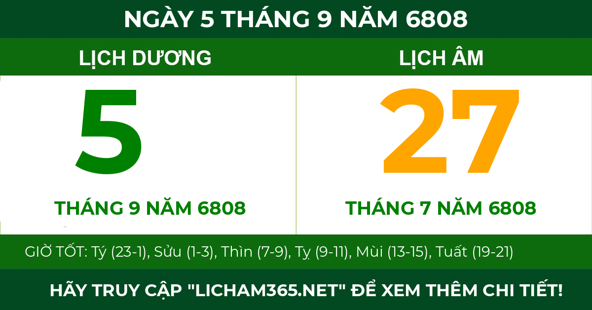 lịch âm ngày 5 tháng 9 năm 6808