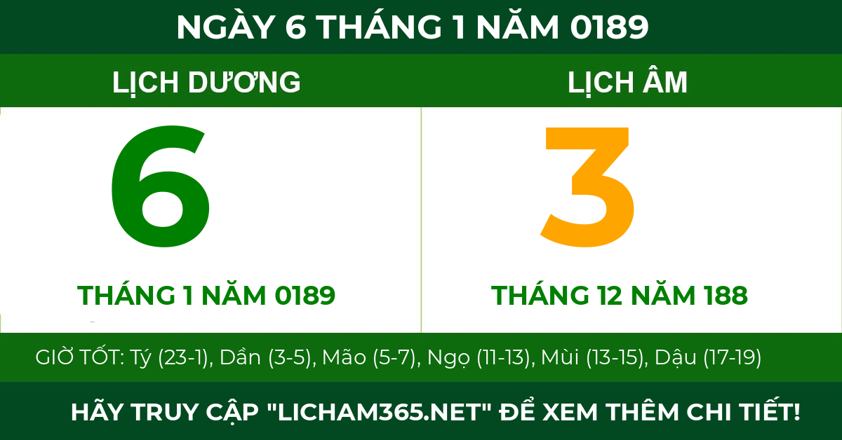 lịch âm ngày 6 tháng 1 năm 0189