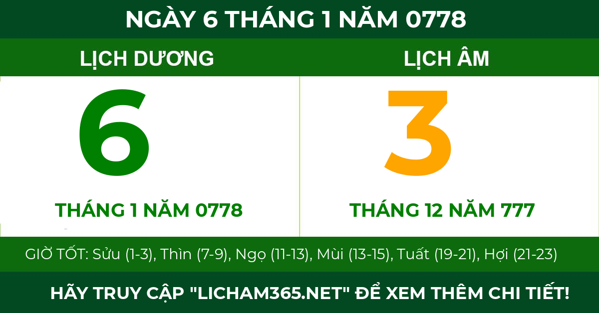 lịch âm ngày 6 tháng 1 năm 0778