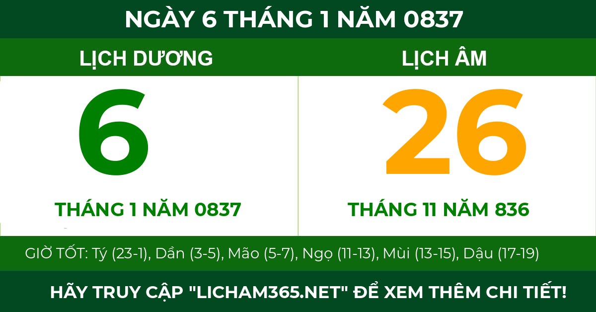 lịch âm ngày 6 tháng 1 năm 0837