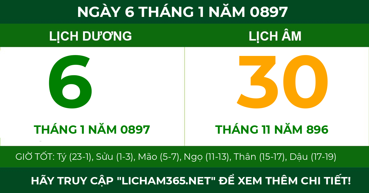 lịch âm ngày 6 tháng 1 năm 0897