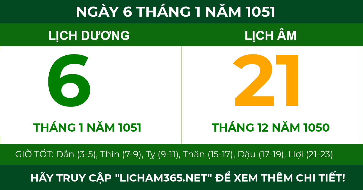 lịch âm ngày 6 tháng 1 năm 1051