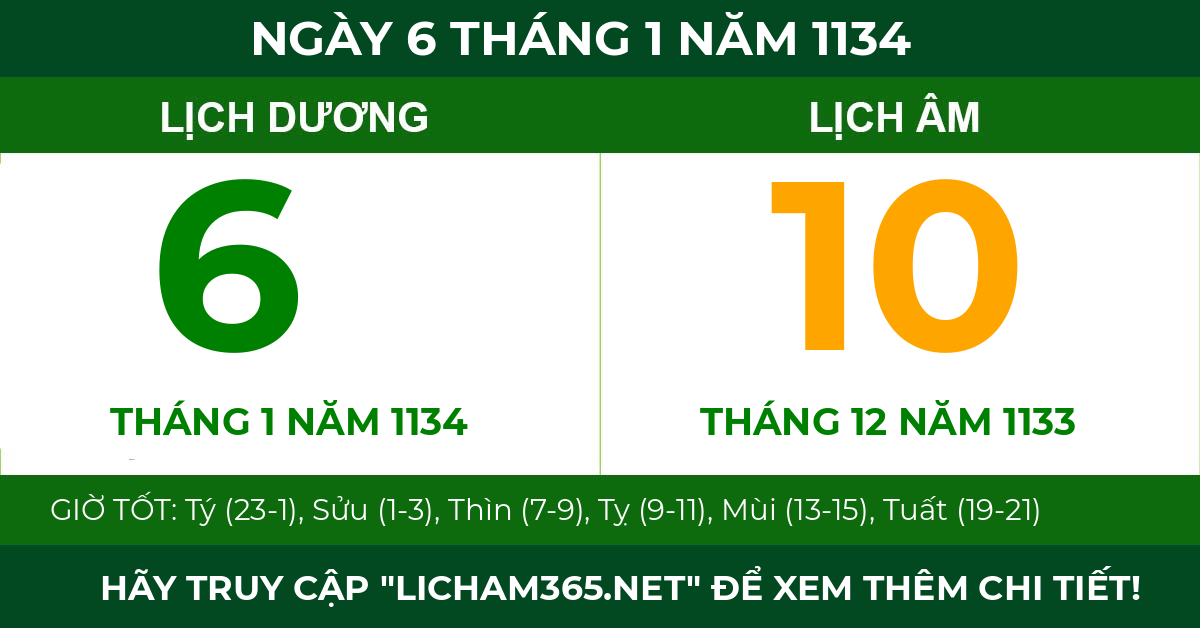 lịch âm ngày 6 tháng 1 năm 1134