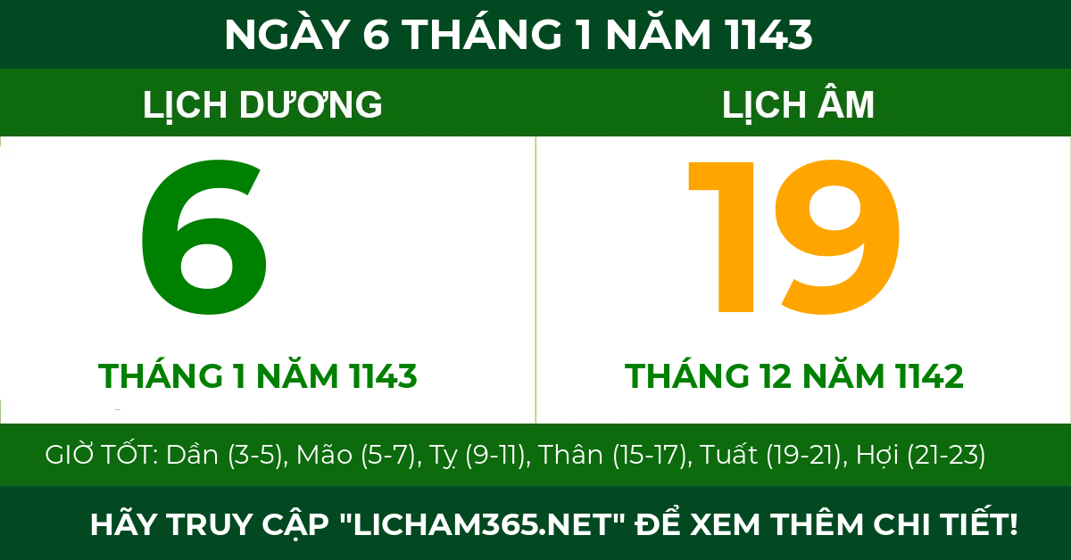 lịch âm ngày 6 tháng 1 năm 1143