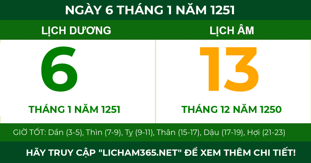 lịch âm ngày 6 tháng 1 năm 1251