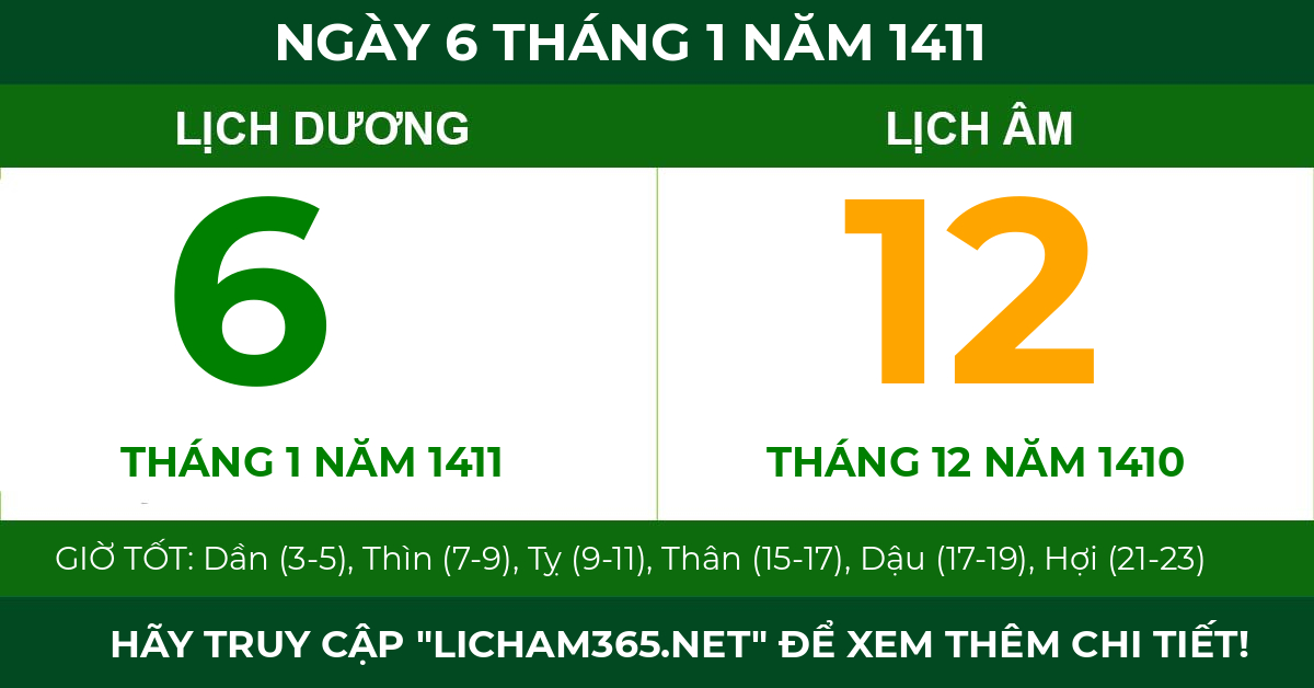 lịch âm ngày 6 tháng 1 năm 1411