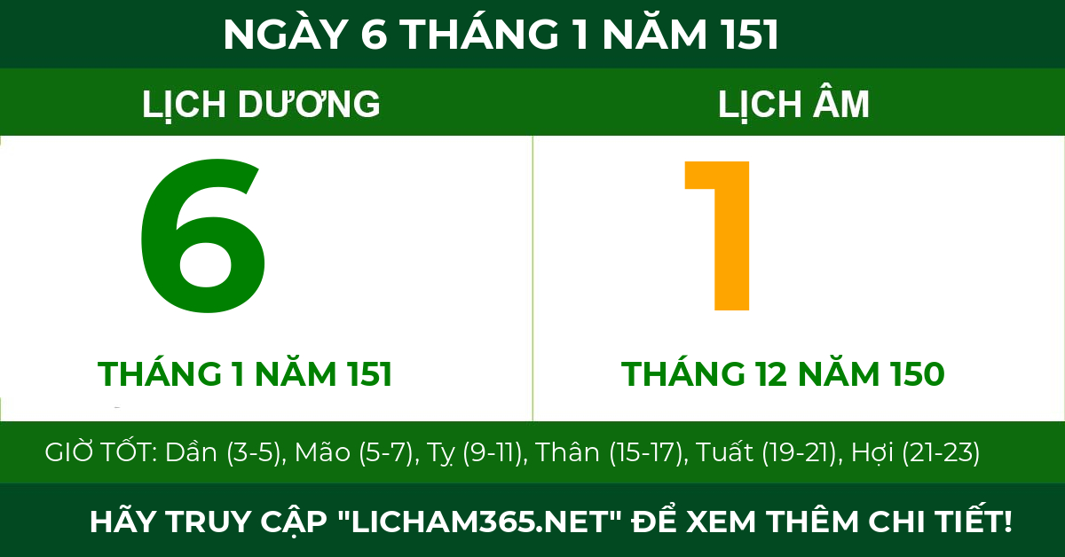 lịch âm ngày 6 tháng 1 năm 151