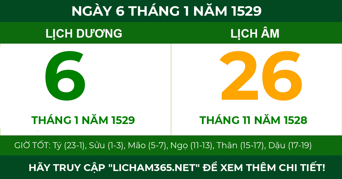 lịch âm ngày 6 tháng 1 năm 1529